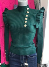Load image into Gallery viewer, Dark Green Ribbed Gold Button Jumper
